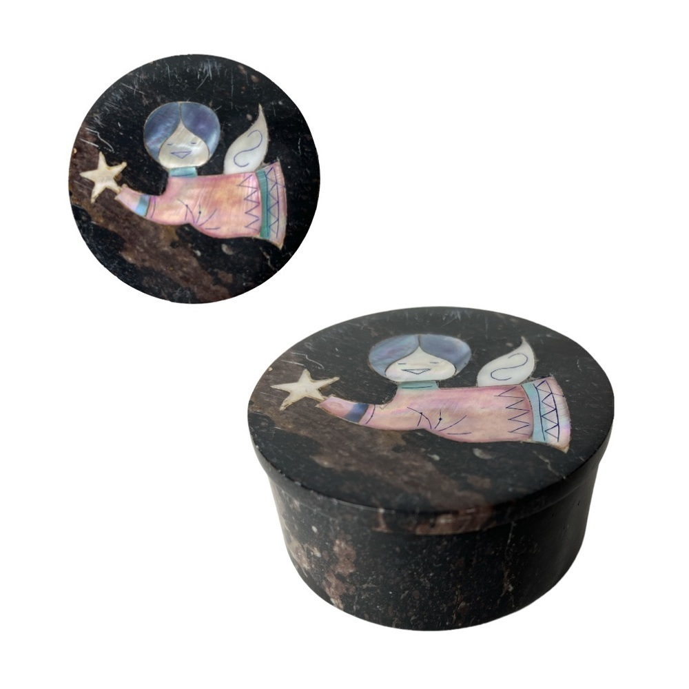 Floral Marble Trinket Jewelry Box with Removable Lid Angel Star Mother of Pearl
